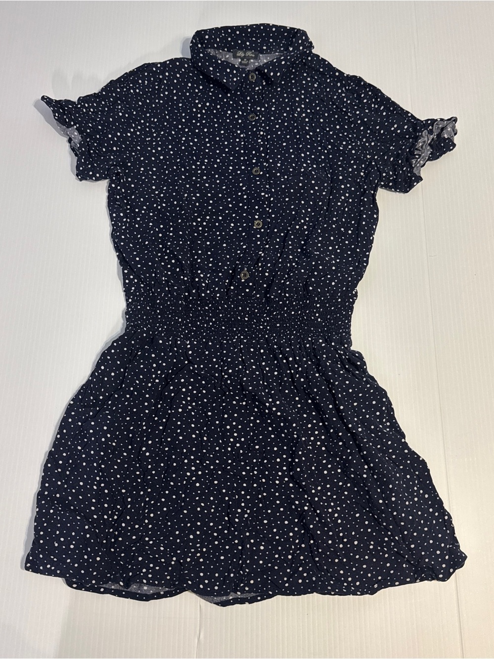 Navy Polka Dot Smocked Waist Mini Dress M Coquette Cottagecore Twee Ruffle
